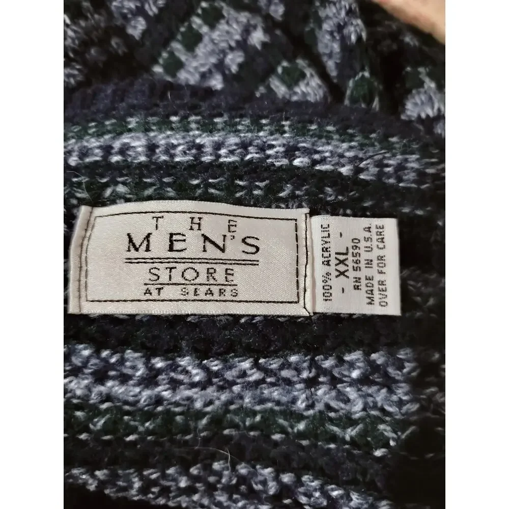 M1241)Vtg 80s The Men's Store at Sears XXL Preppy Hippy Blue Geo Knit Sweater